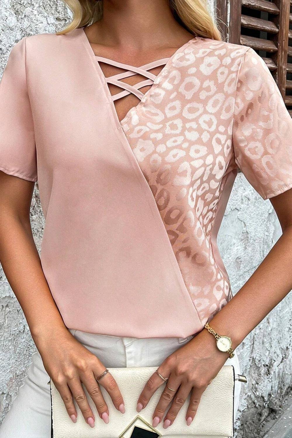 Blouses | Women Apricot Pink Leopard Patchwork Cross Strappy V Neck Blouse