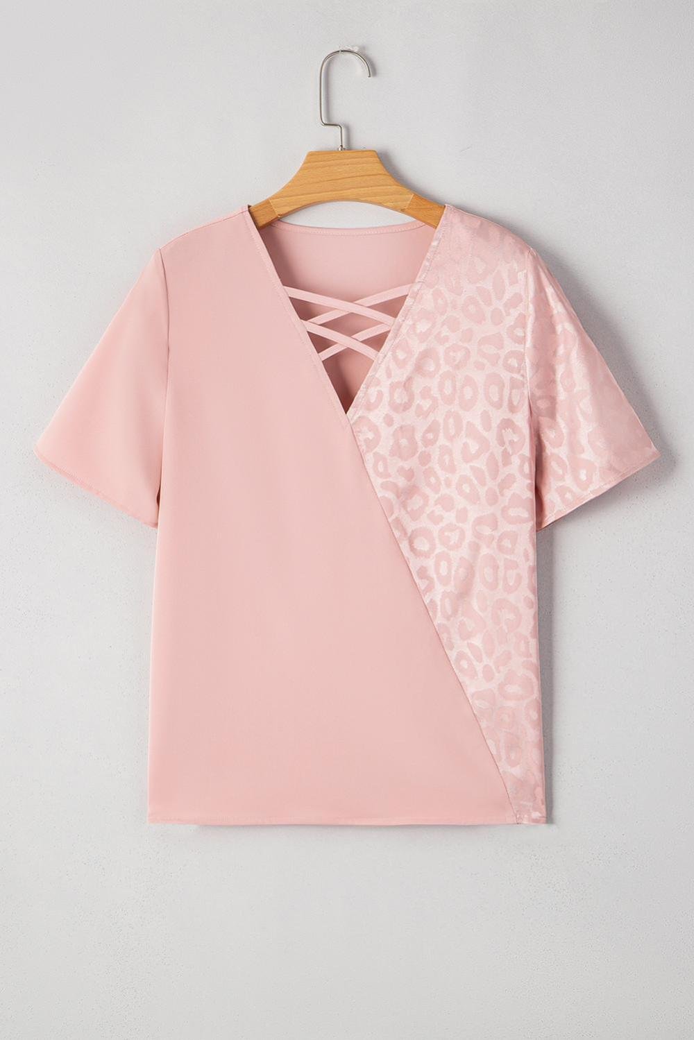 Blouses | Women Apricot Pink Leopard Patchwork Cross Strappy V Neck Blouse