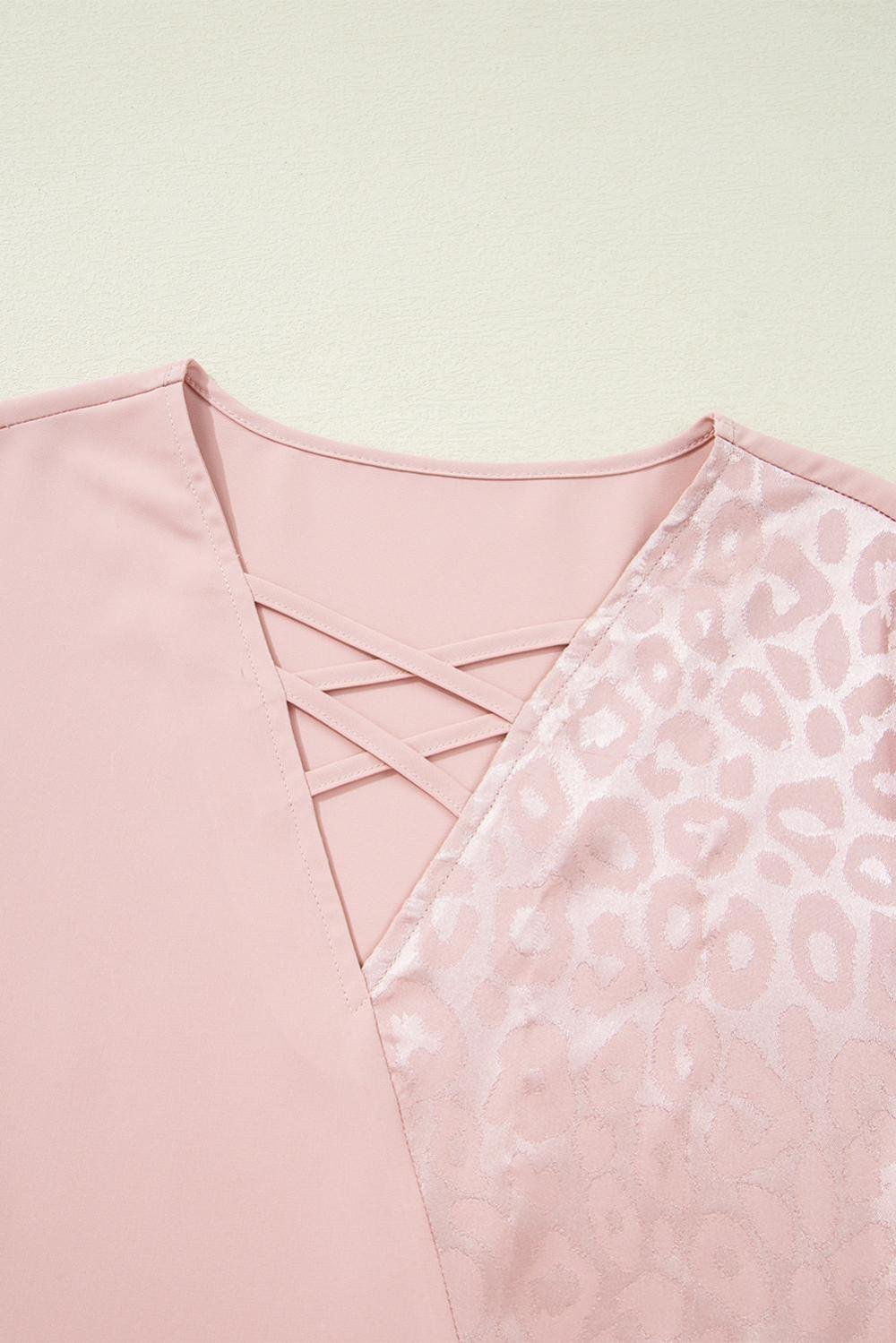 Blouses | Women Apricot Pink Leopard Patchwork Cross Strappy V Neck Blouse