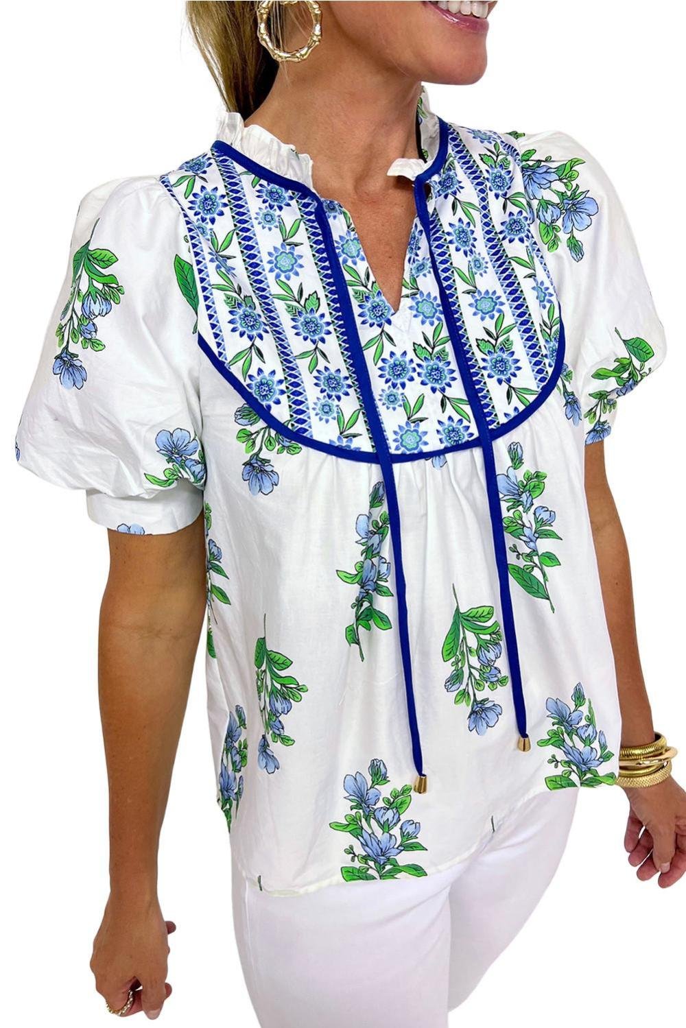 Blouses | Women Beige Floral Print Piping Trim Tie Neck Puff Sleeve Blouse