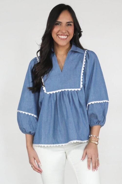 Blouses | Women Dusk Blue Scallop Trim Puff Sleeve Collared Babydoll Blouse