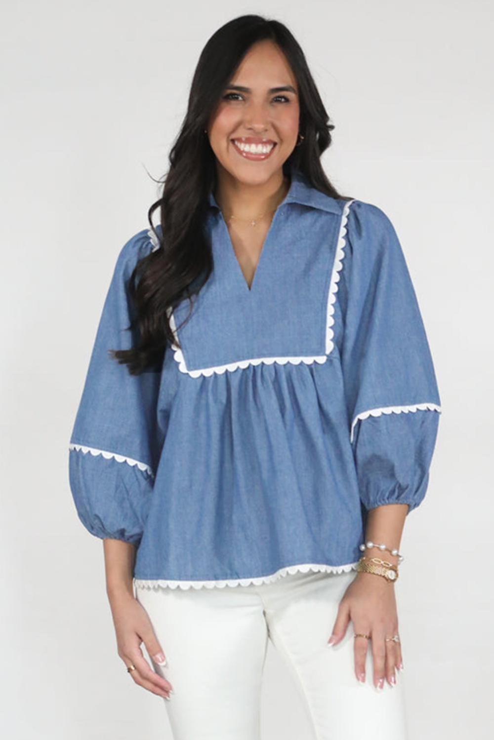 Blouses | Women Dusk Blue Scallop Trim Puff Sleeve Collared Babydoll Blouse