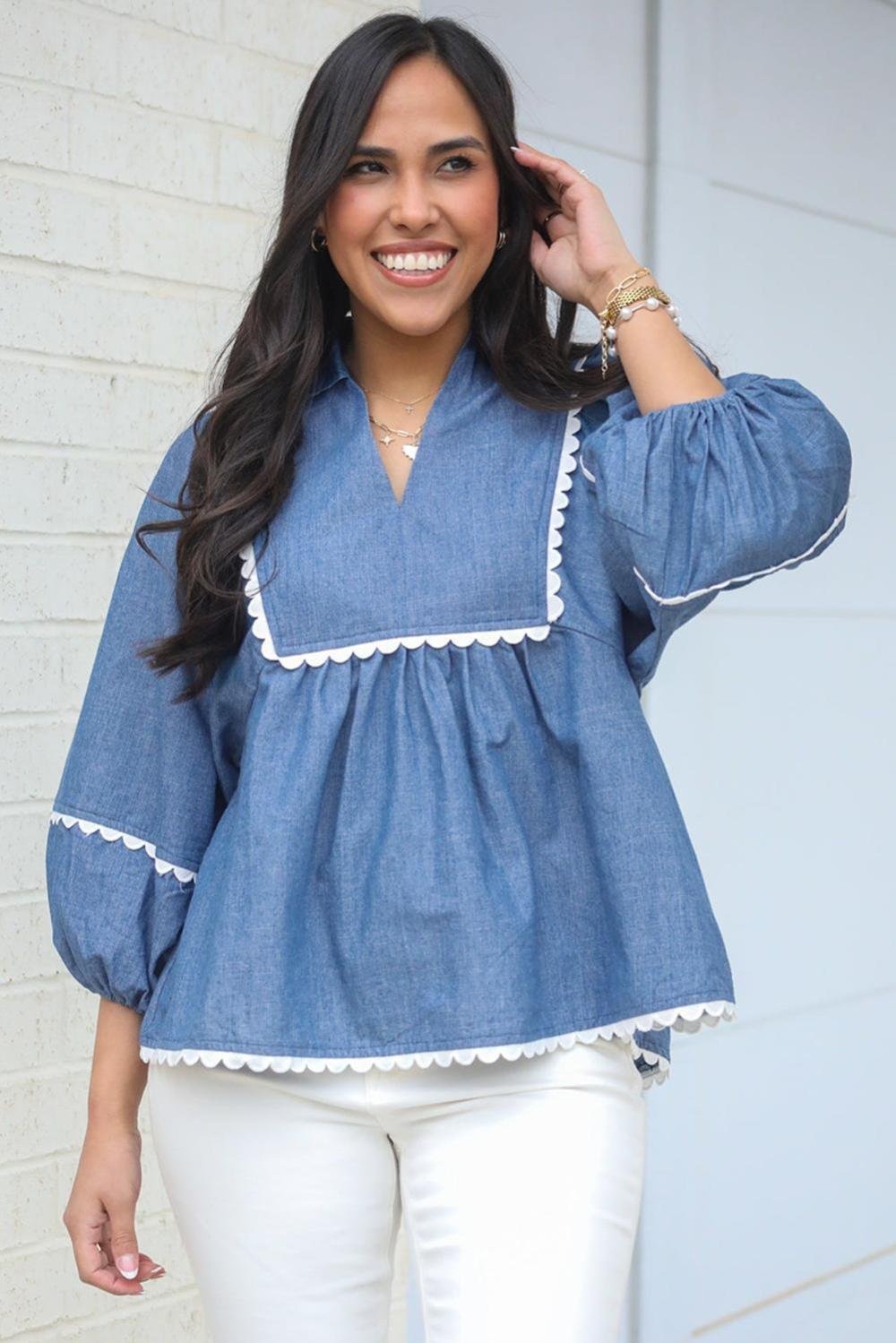 Blouses | Women Dusk Blue Scallop Trim Puff Sleeve Collared Babydoll Blouse