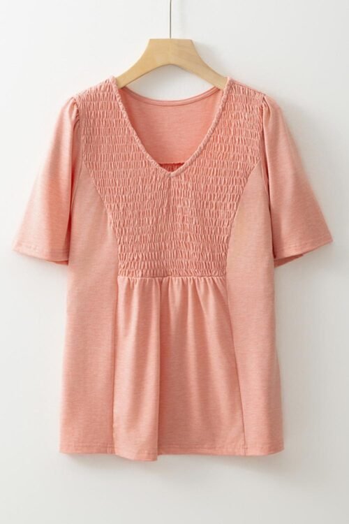 Blouses | Women Fushia Smocked Front V Neck Pleated Babydoll Short Sleeve Top