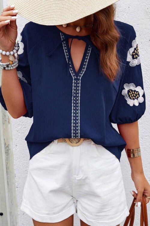 Blouses | Women Navy Blue Embroidered Flower V Neck Elegant Half Sleeve Blouse