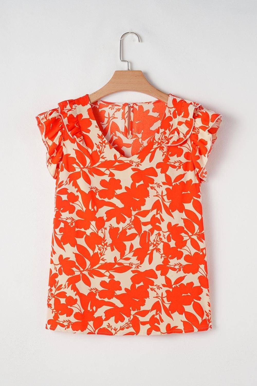 Blouses | Women Orange Floral Print Ruffle Sleeve V Neck Top