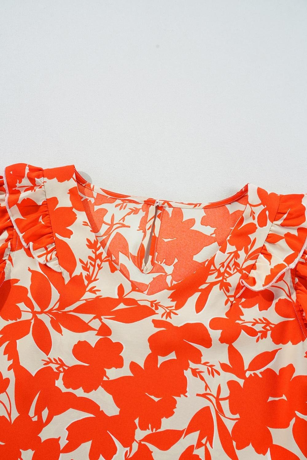 Blouses | Women Orange Floral Print Ruffle Sleeve V Neck Top