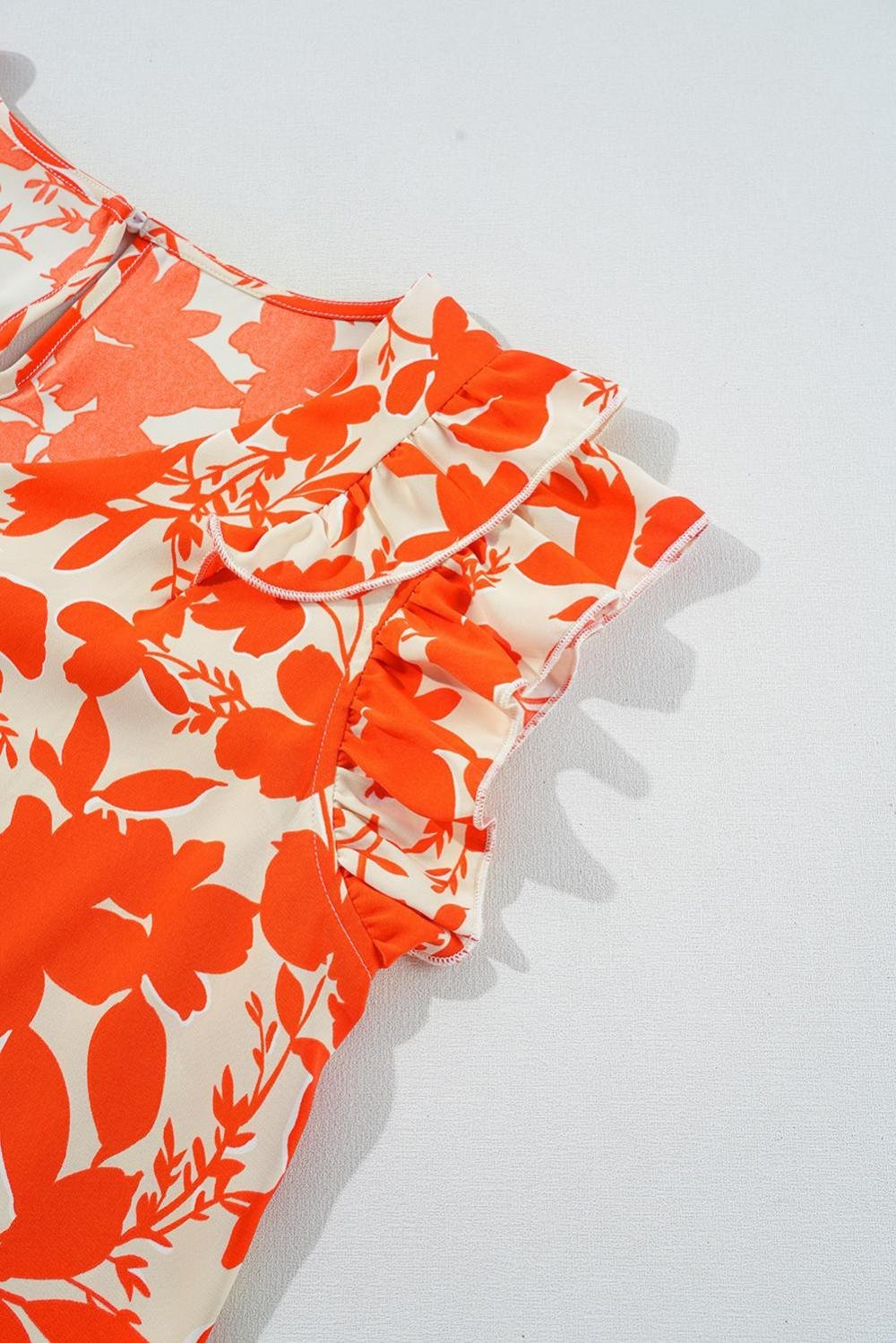 Blouses | Women Orange Floral Print Ruffle Sleeve V Neck Top