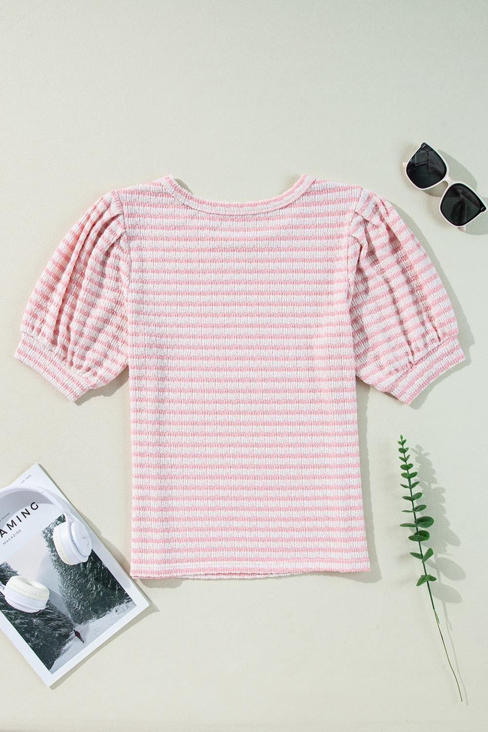Blouses | Women Pink Stripe Textured Puff Sleeve Crewneck Top