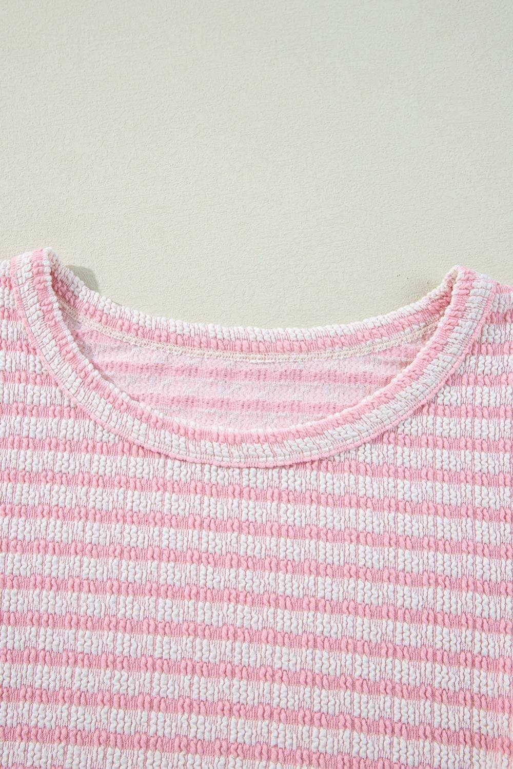Blouses | Women Pink Stripe Textured Puff Sleeve Crewneck Top