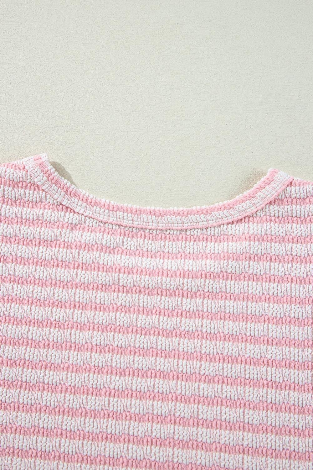 Blouses | Women Pink Stripe Textured Puff Sleeve Crewneck Top
