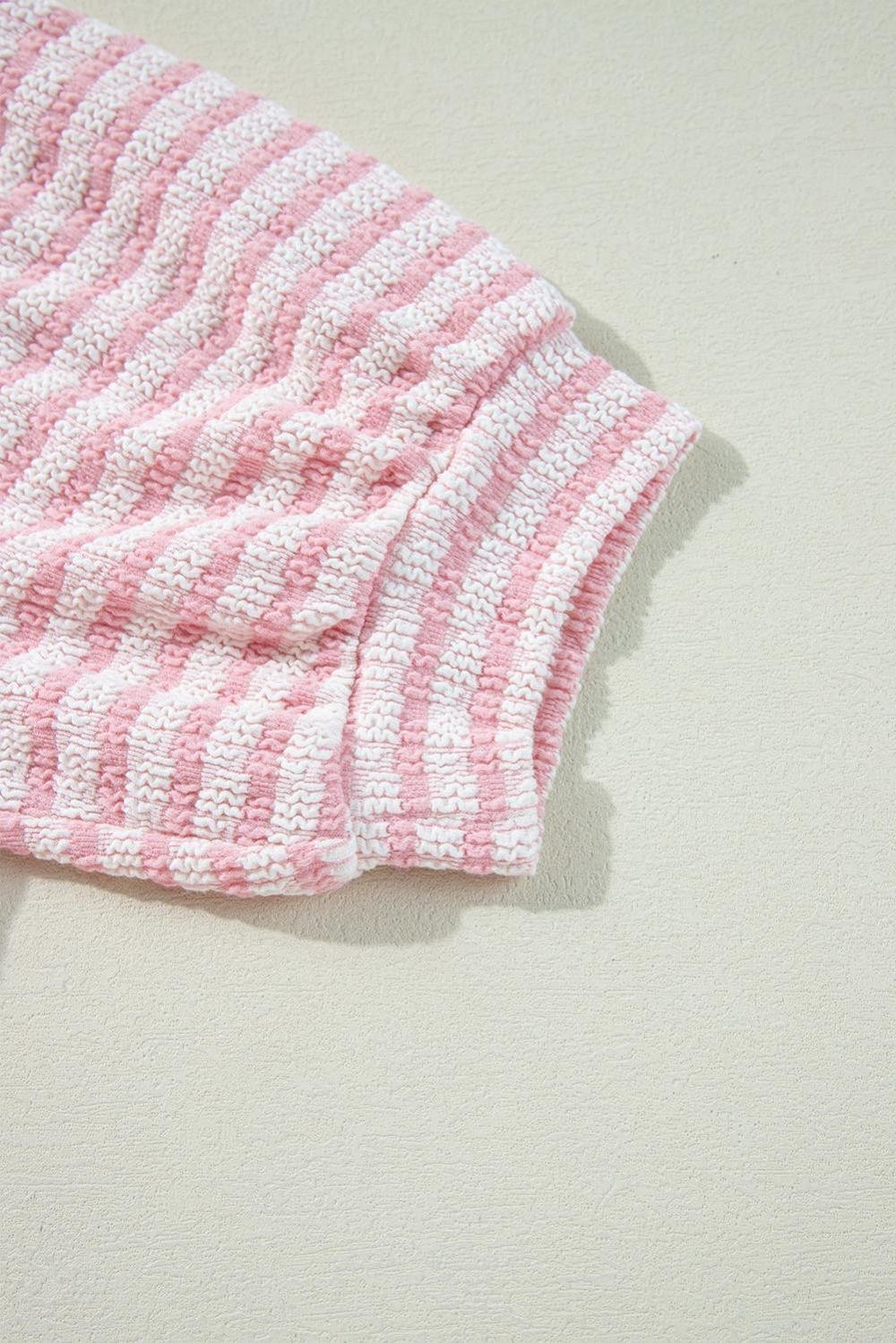 Blouses | Women Pink Stripe Textured Puff Sleeve Crewneck Top