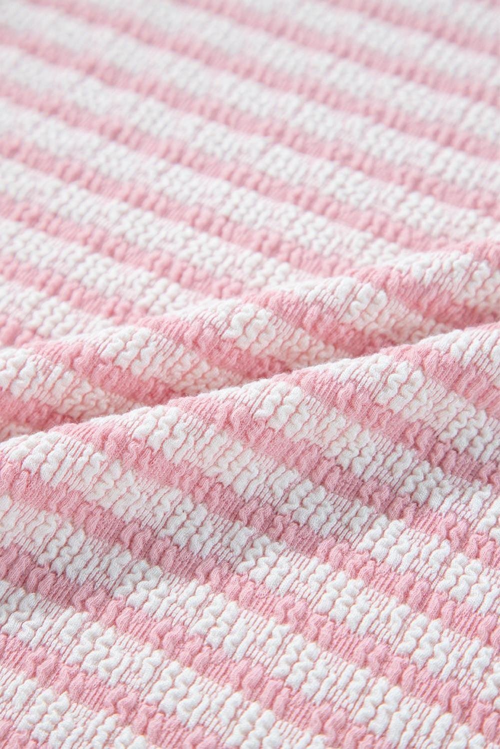 Blouses | Women Pink Stripe Textured Puff Sleeve Crewneck Top