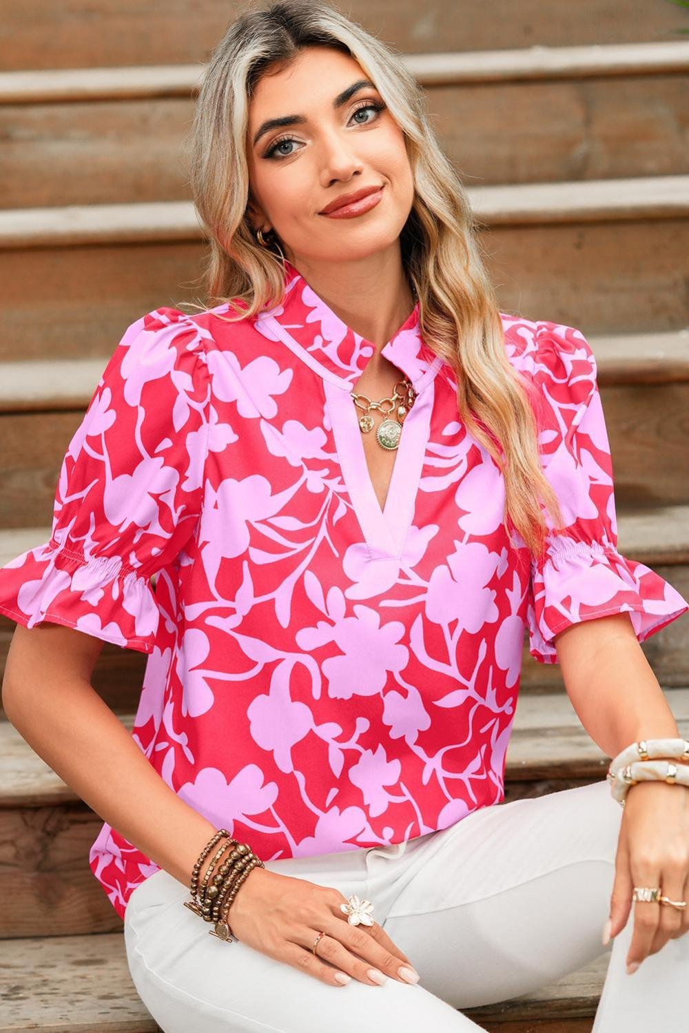 Blouses | Women Red Floral Split V Neck Ruffle Puff Sleeve Blouse