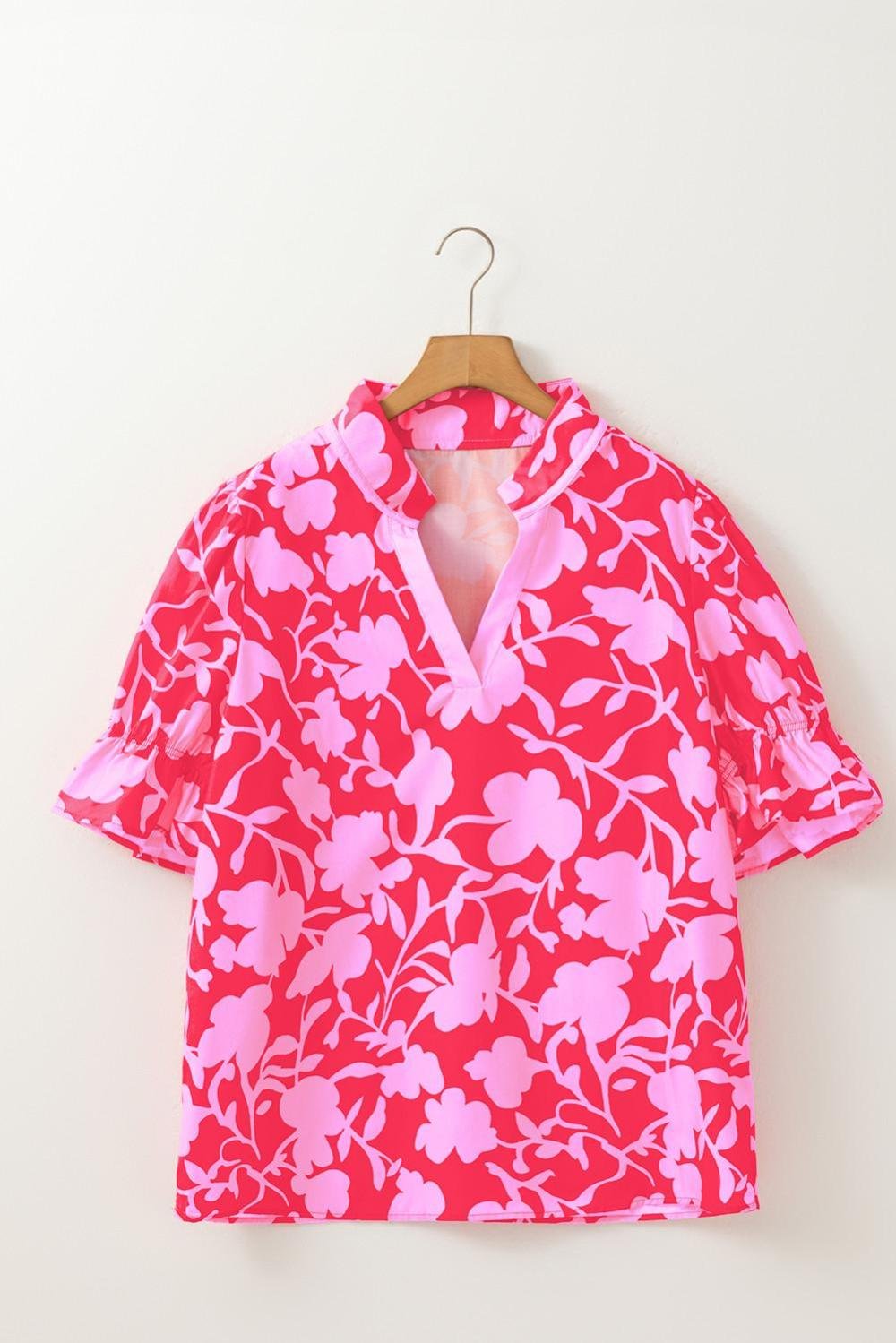 Blouses | Women Red Floral Split V Neck Ruffle Puff Sleeve Blouse