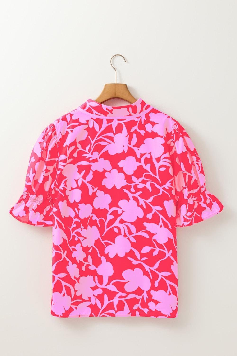 Blouses | Women Red Floral Split V Neck Ruffle Puff Sleeve Blouse