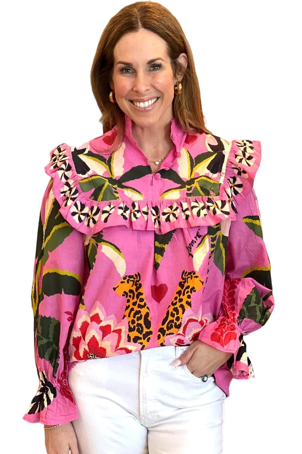 Blouses | Women Rose Leopard Print Tropical Ruffle Blouse
