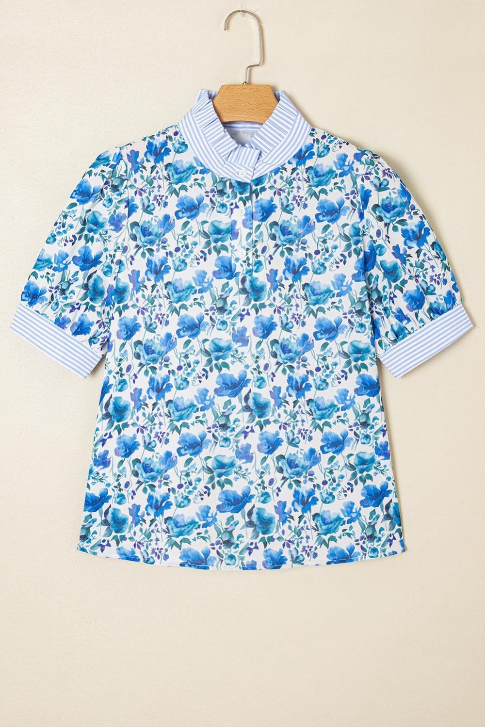 Blouses | Women Sky Blue Floral Print Striped Patchwork Collared Blouse