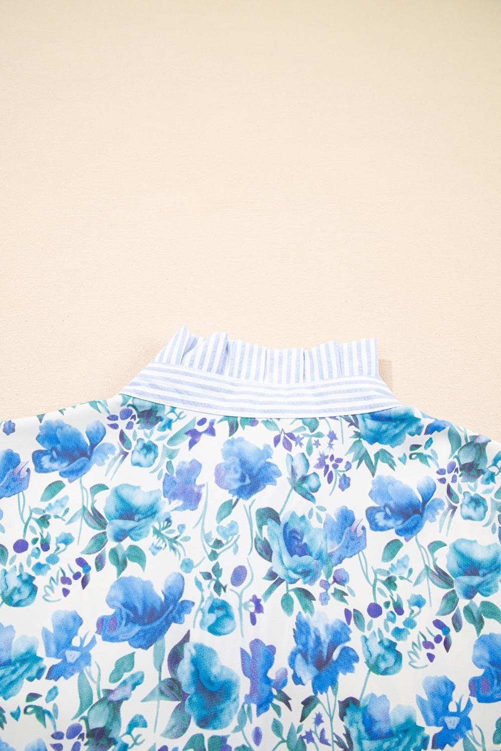 Blouses | Women Sky Blue Floral Print Striped Patchwork Collared Blouse