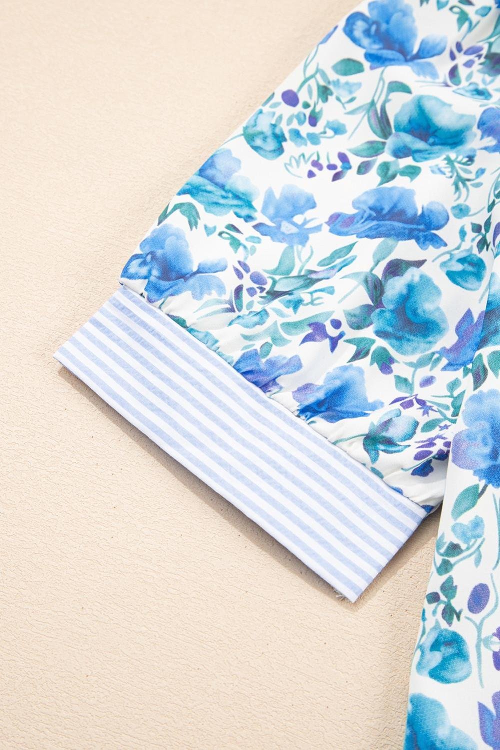 Blouses | Women Sky Blue Floral Print Striped Patchwork Collared Blouse