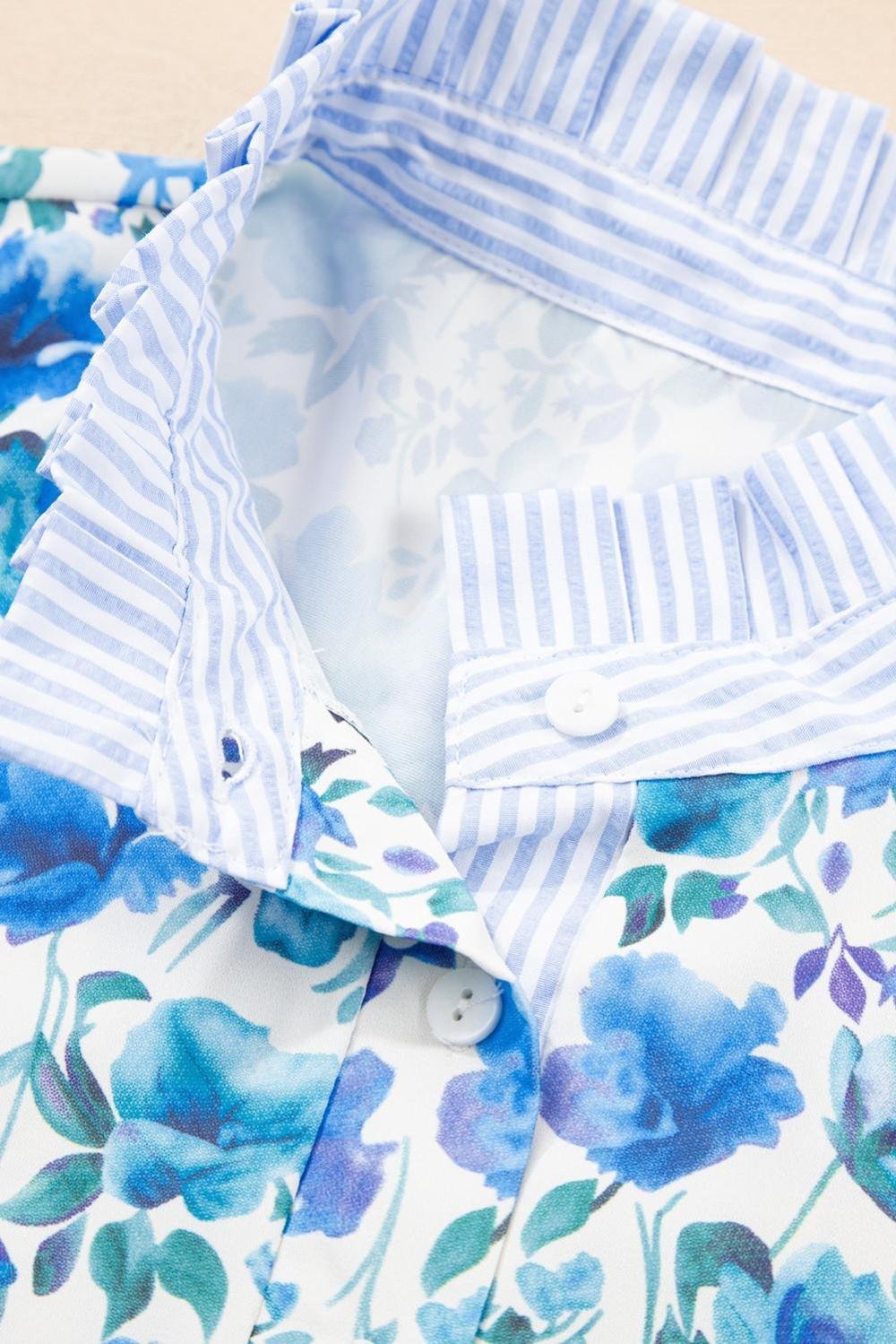 Blouses | Women Sky Blue Floral Print Striped Patchwork Collared Blouse