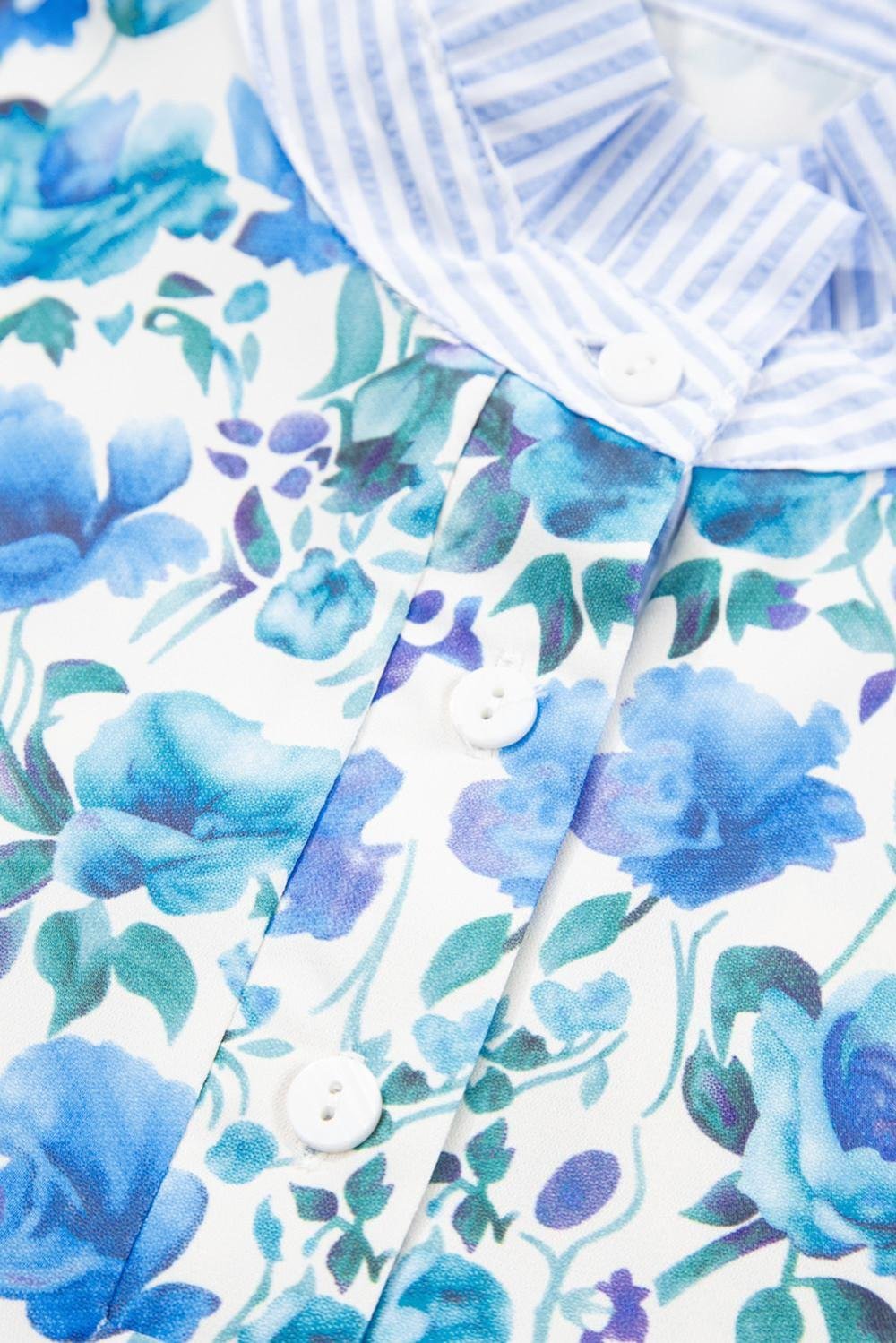 Blouses | Women Sky Blue Floral Print Striped Patchwork Collared Blouse