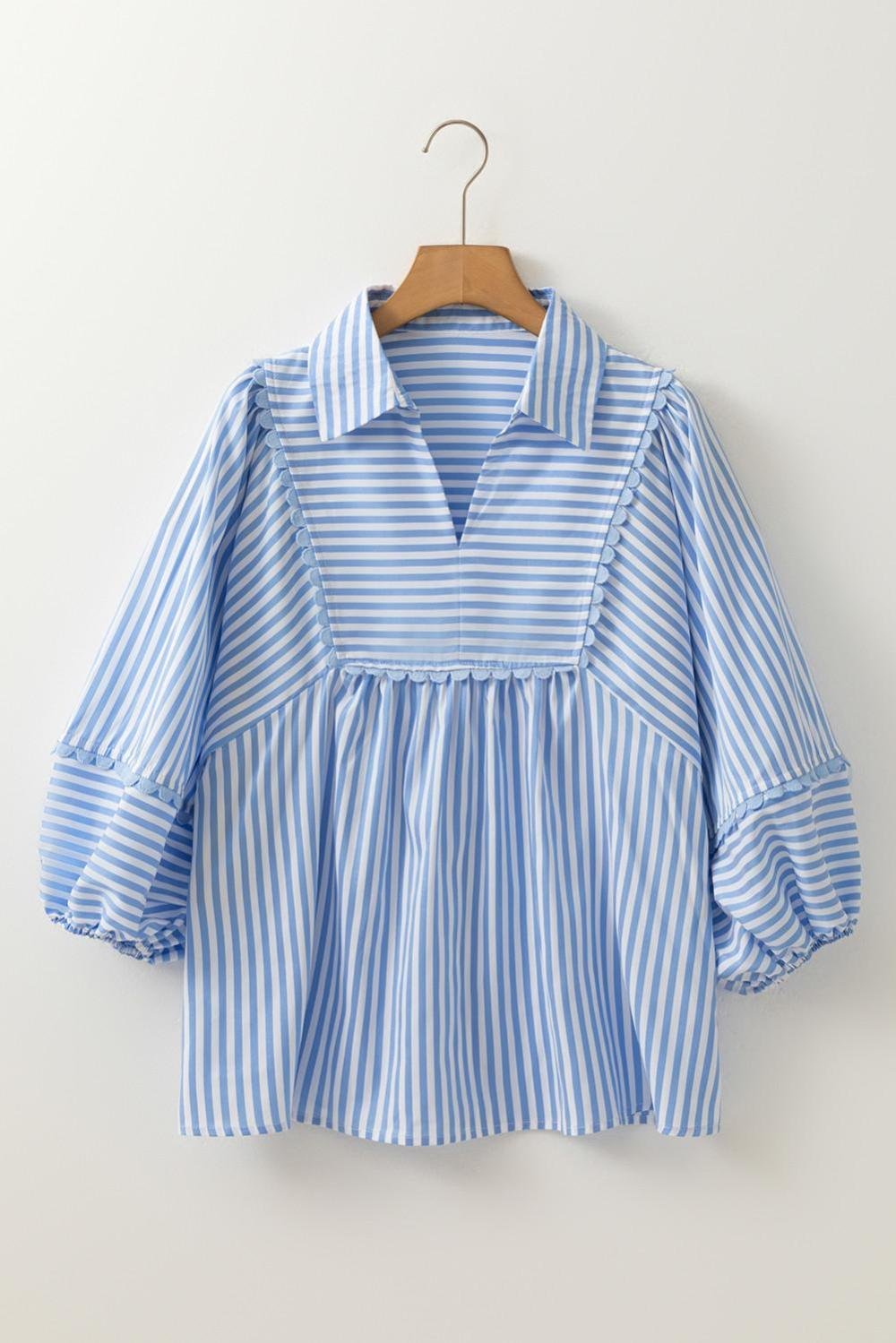 Blouses | Women Sky Blue Striped Ric Rac Trim Collared V Neck Blouse