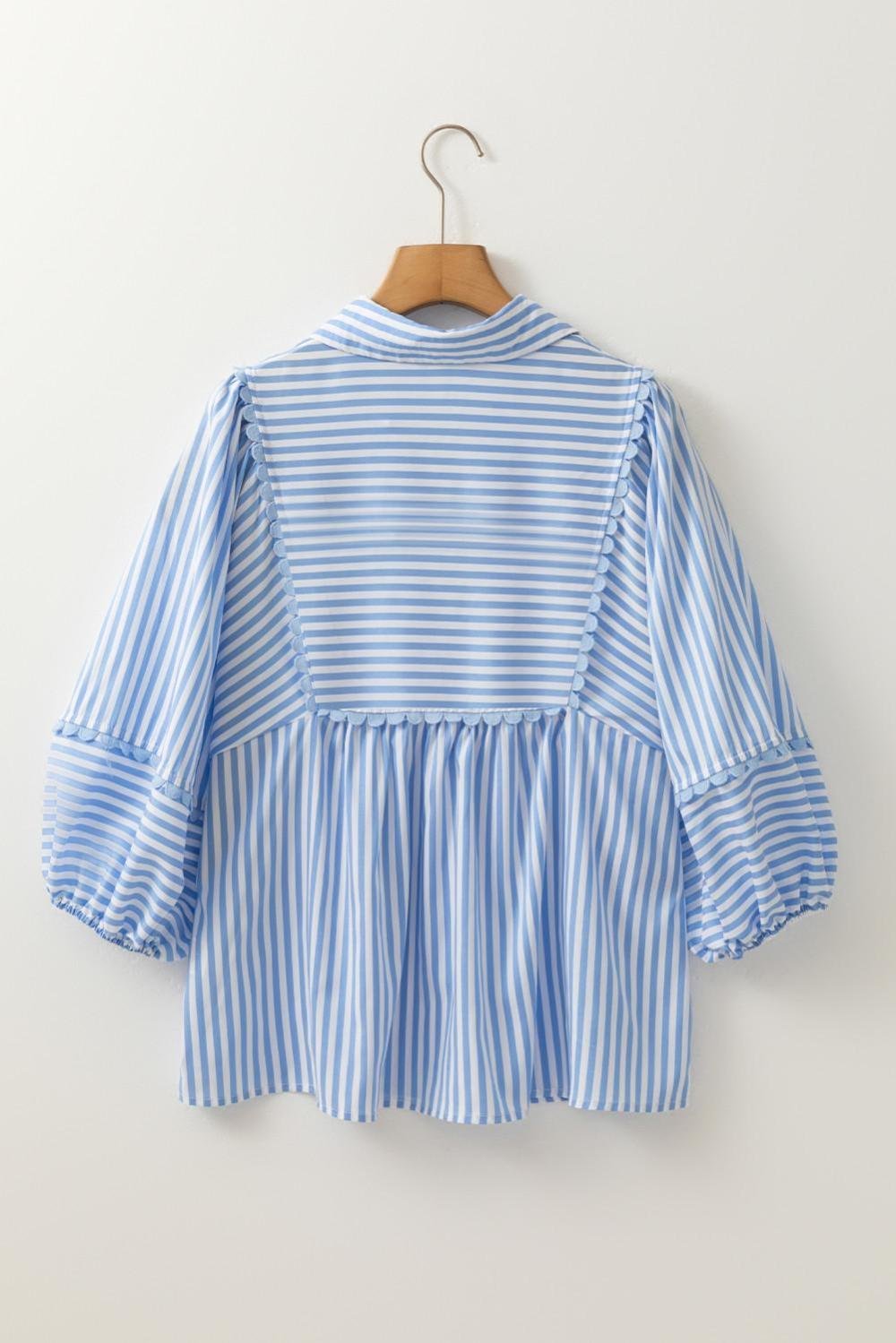 Blouses | Women Sky Blue Striped Ric Rac Trim Collared V Neck Blouse