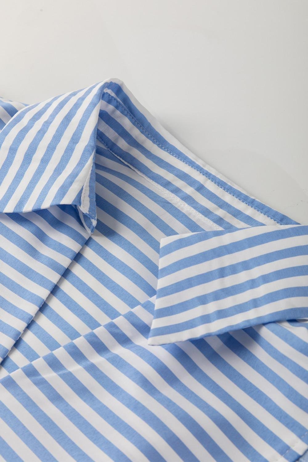 Blouses | Women Sky Blue Striped Ric Rac Trim Collared V Neck Blouse