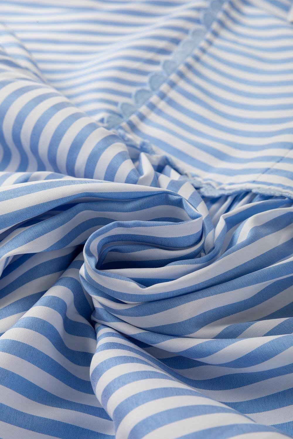 Blouses | Women Sky Blue Striped Ric Rac Trim Collared V Neck Blouse