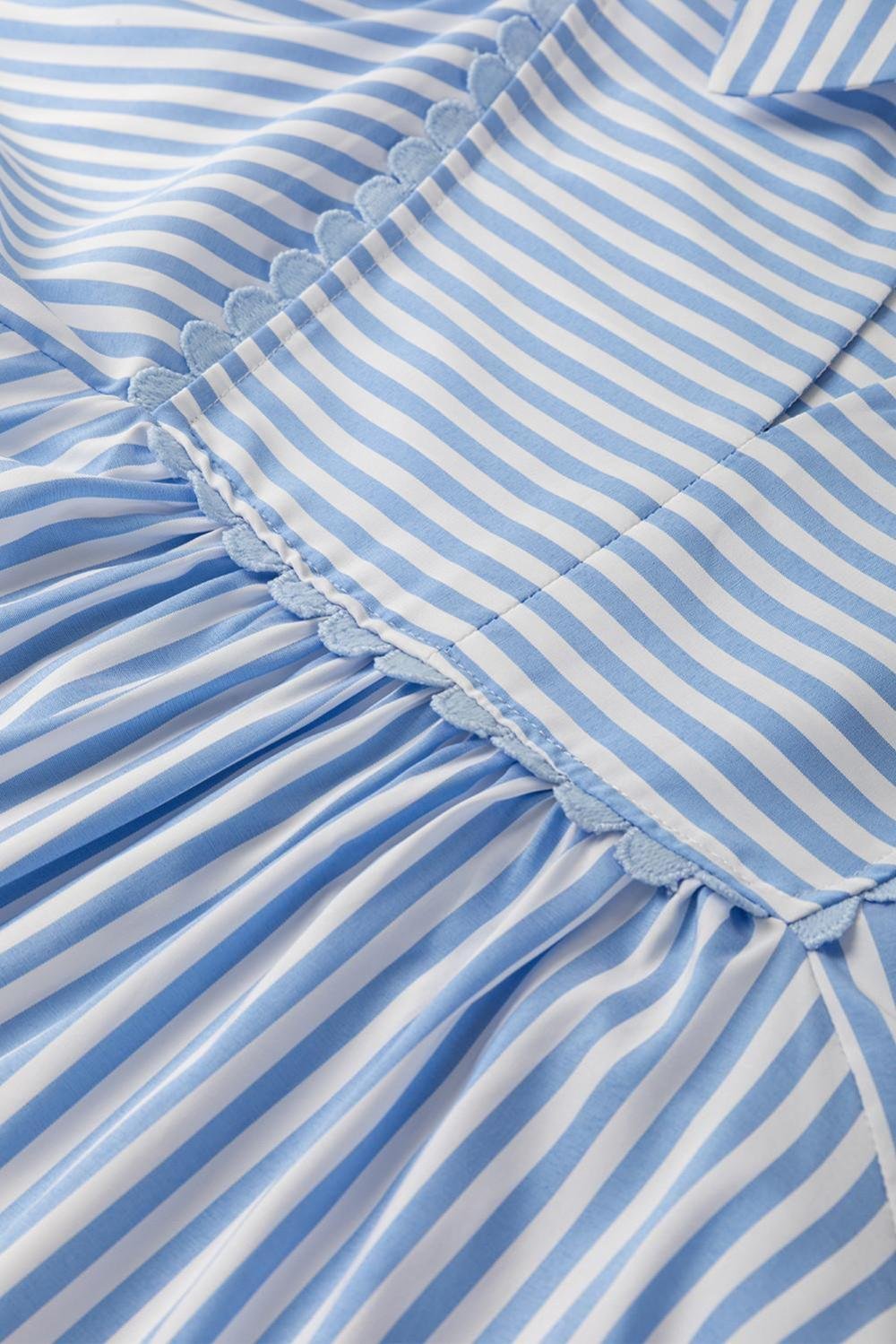 Blouses | Women Sky Blue Striped Ric Rac Trim Collared V Neck Blouse