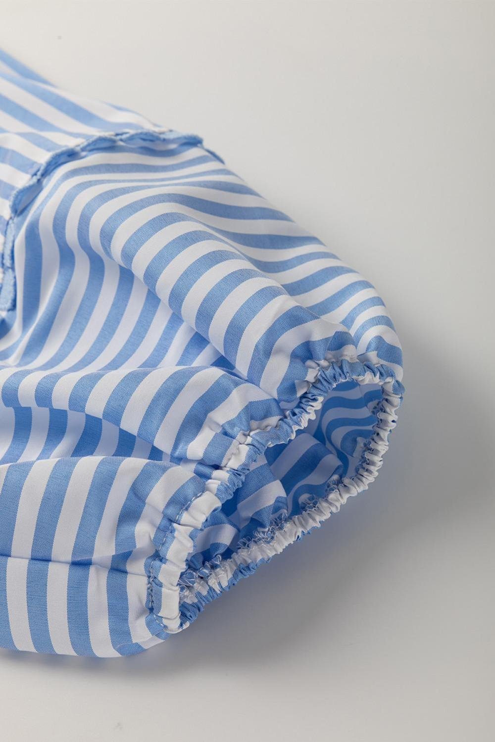 Blouses | Women Sky Blue Striped Ric Rac Trim Collared V Neck Blouse