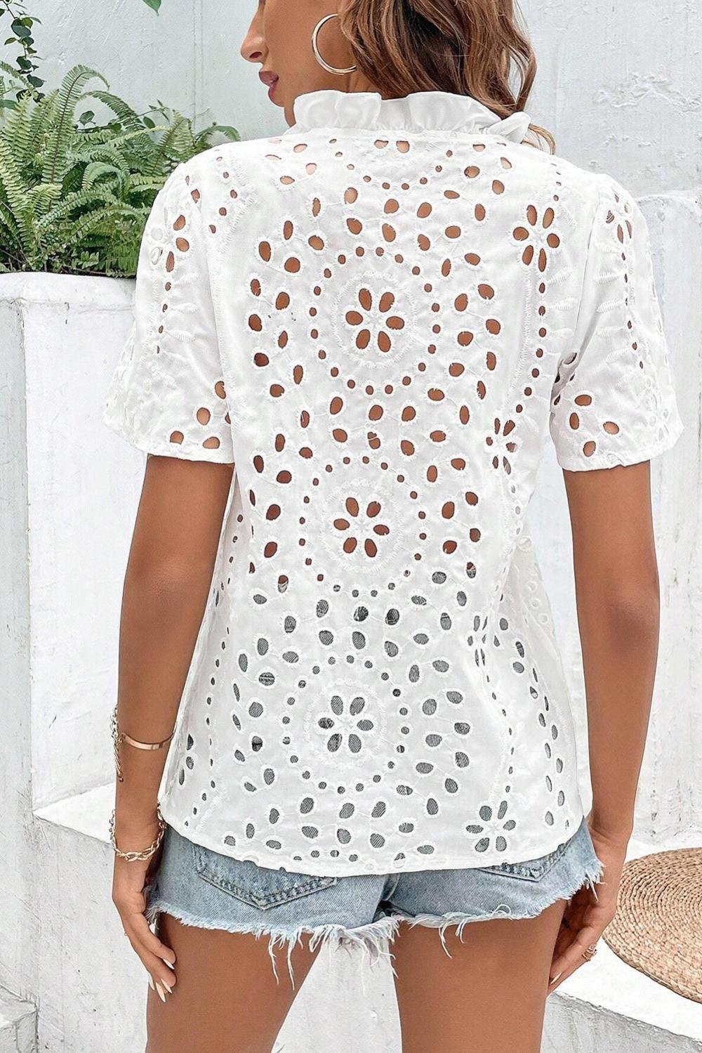 Blouses | Women White Boho Geometric Pattern V Neck Cut-Out Blouse