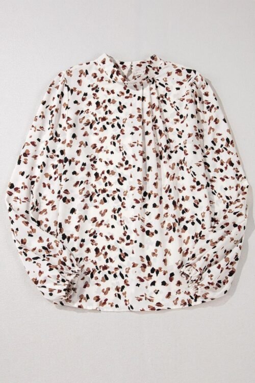 Blouses | Women White Leopard Print Puff Sleeve Mock Neck Pleated Blouse