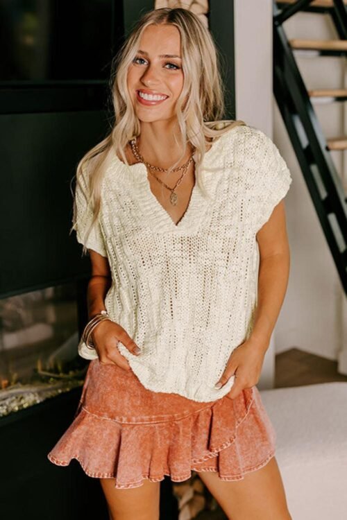 Knit Tops | Women Beige Notched V Neck Short Sleeve Knit Top