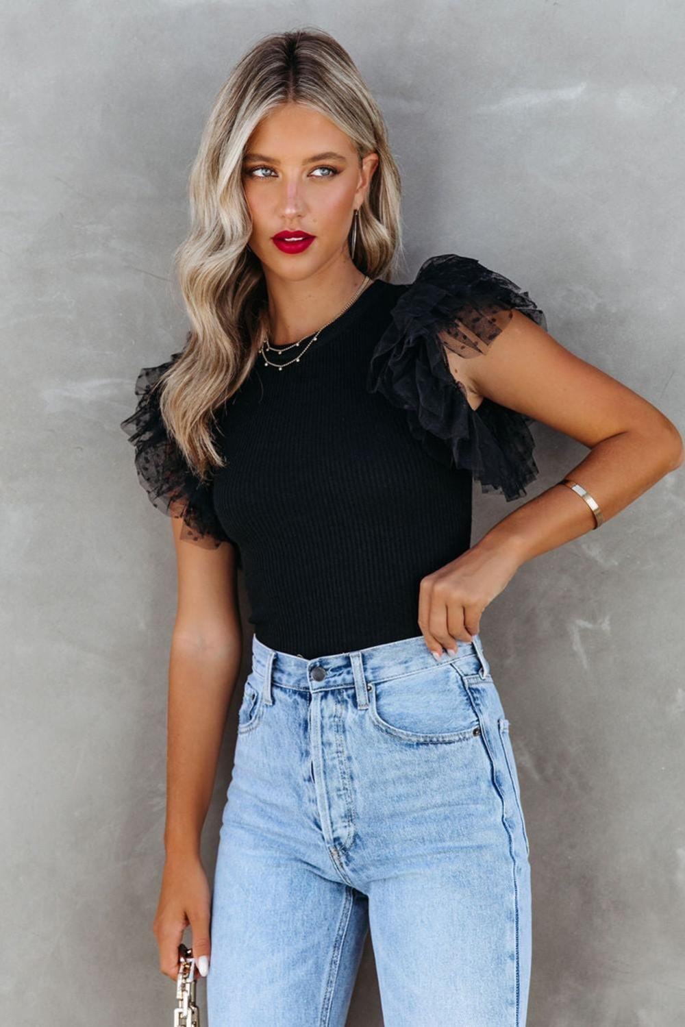 Knit Tops | Women Black Dotty Layered Ruffle Sleeve Casual Ribbed Knit Top