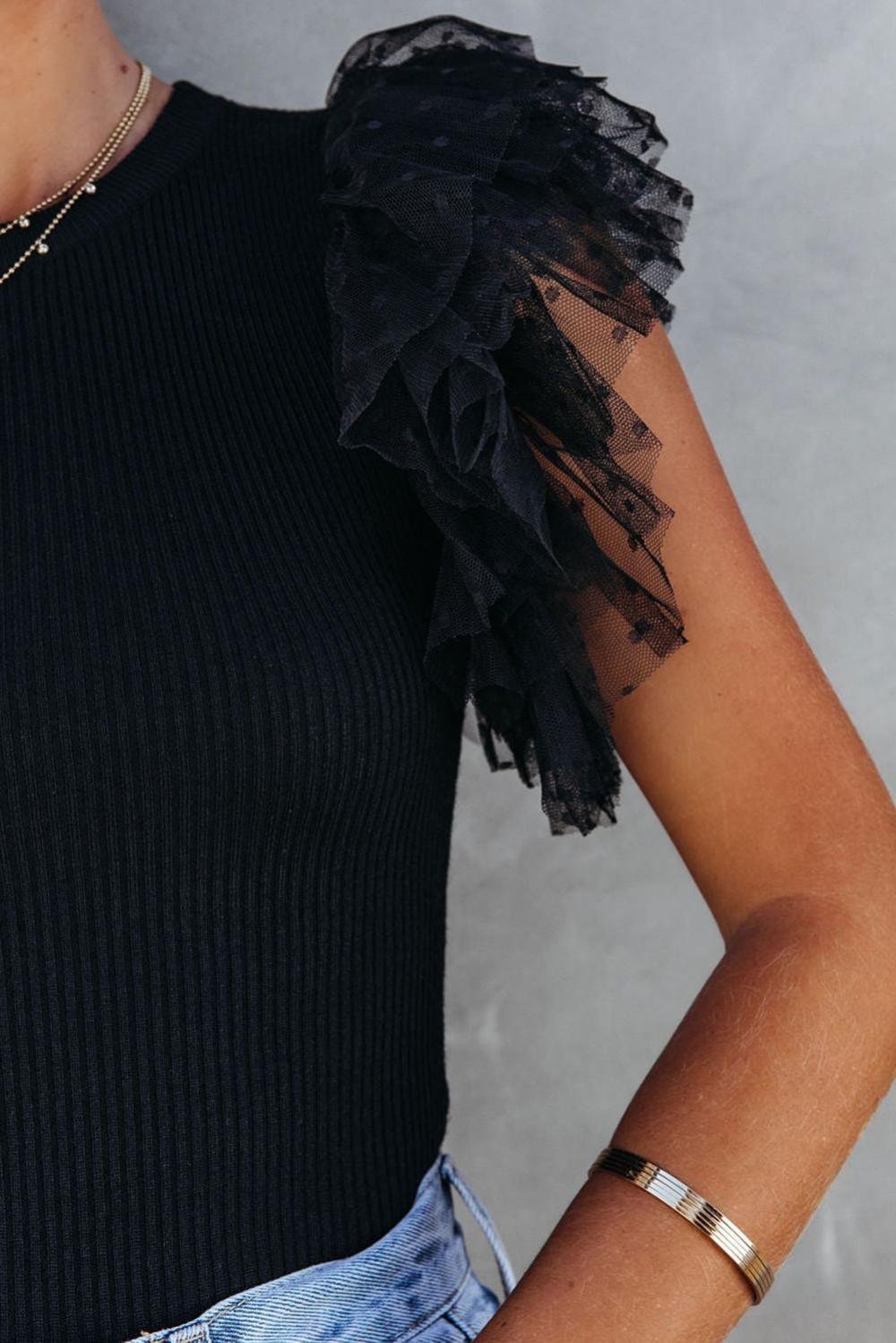 Knit Tops | Women Black Dotty Layered Ruffle Sleeve Casual Ribbed Knit Top