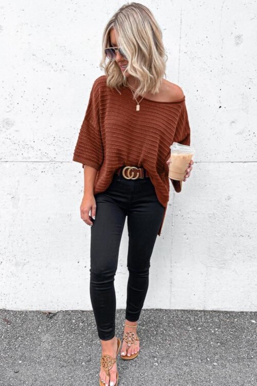 Knit Tops | Women Brown Solid Color Rib-Knit Drop Sleeve Side Slits Top