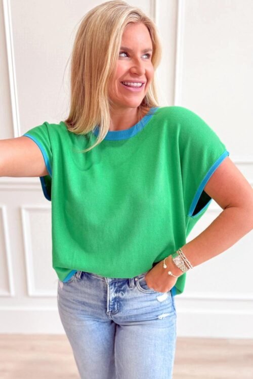 Knit Tops | Women Green Contrast Trim Round Neck Short Sleeve Loose Knit Top