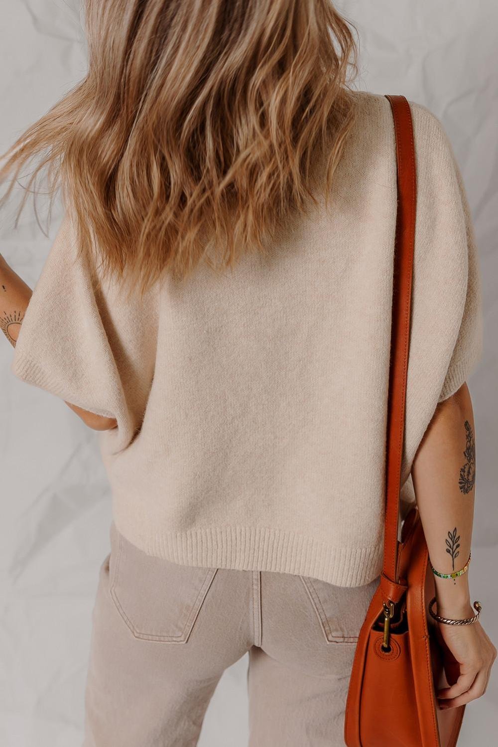 Knit Tops | Women Oatmeal Pearl Bow Embellished Dolman Short Sleeve Sweater