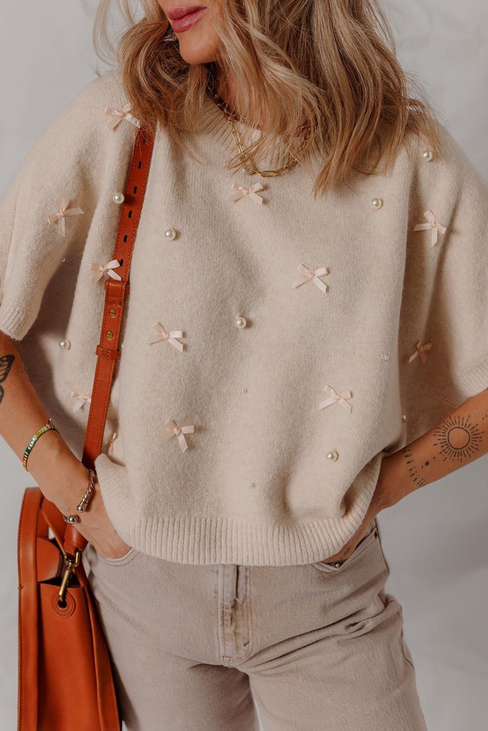 Knit Tops | Women Oatmeal Pearl Bow Embellished Dolman Short Sleeve Sweater