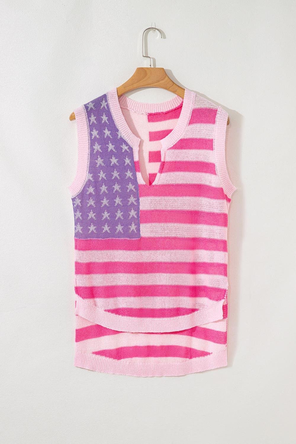 Knit Tops | Women Pink Stripe Usa Flag Notched Neckline Loose Knit Vest