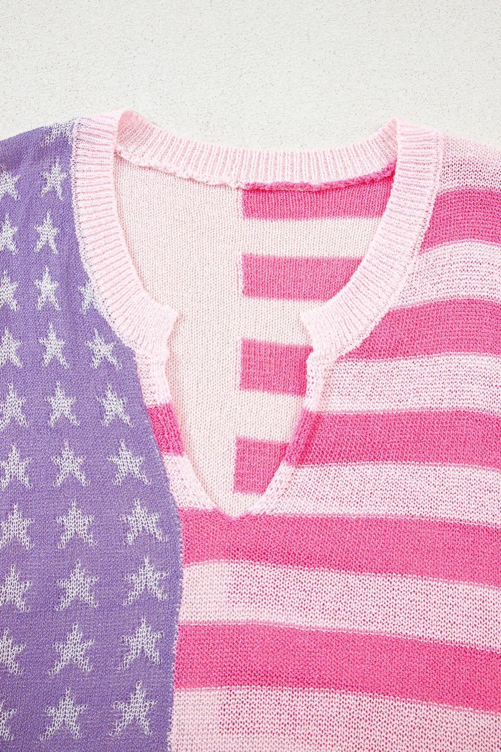Knit Tops | Women Pink Stripe Usa Flag Notched Neckline Loose Knit Vest