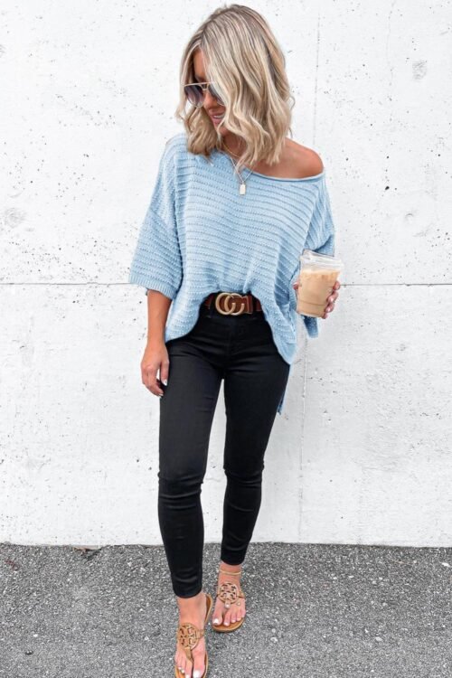 Knit Tops | Women Sky Blue Solid Color Rib-Knit Drop Sleeve Side Slits Top