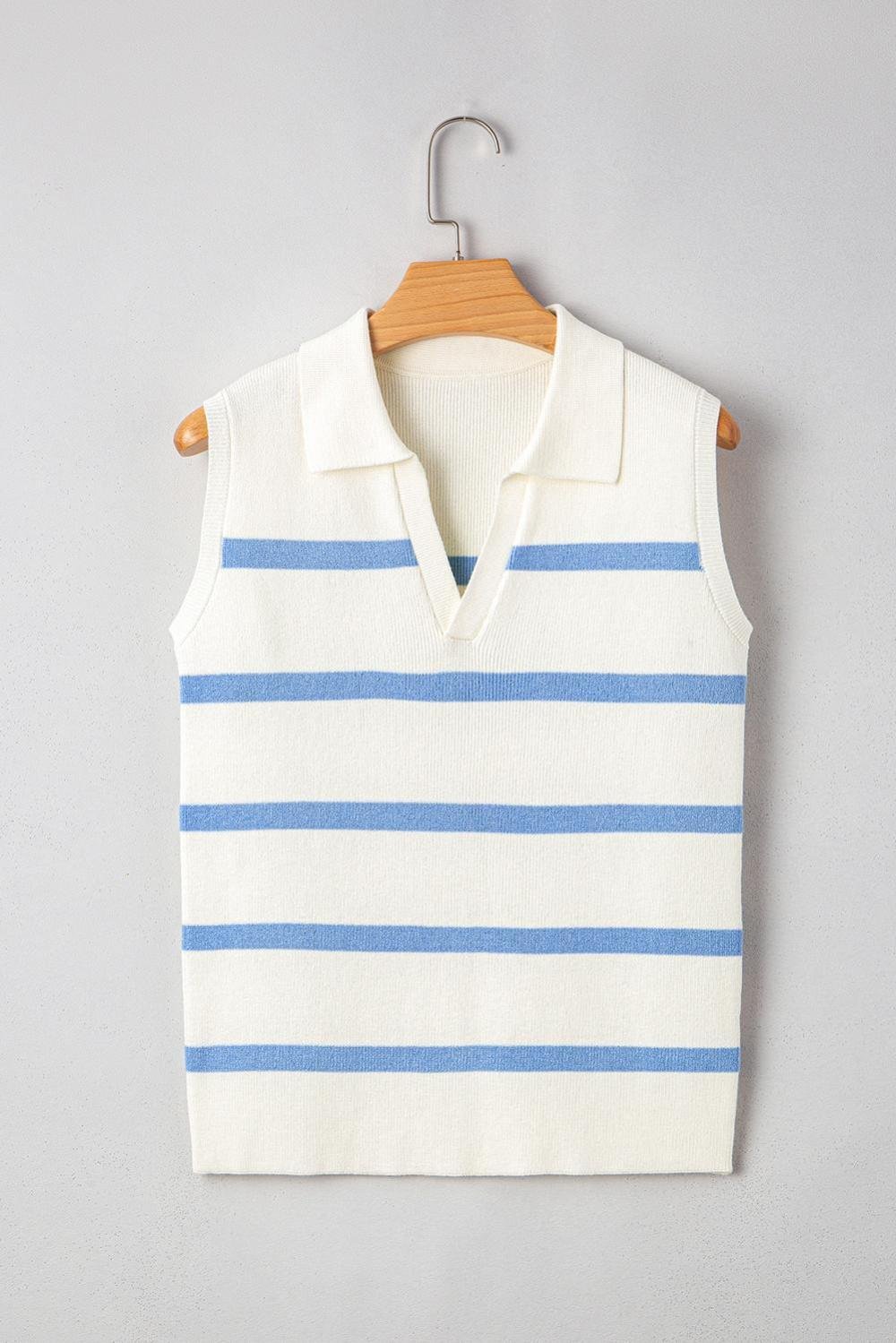 Knit Tops | Women Sky Blue Striped Split V Neck Collared Ribbed Knit Vest
