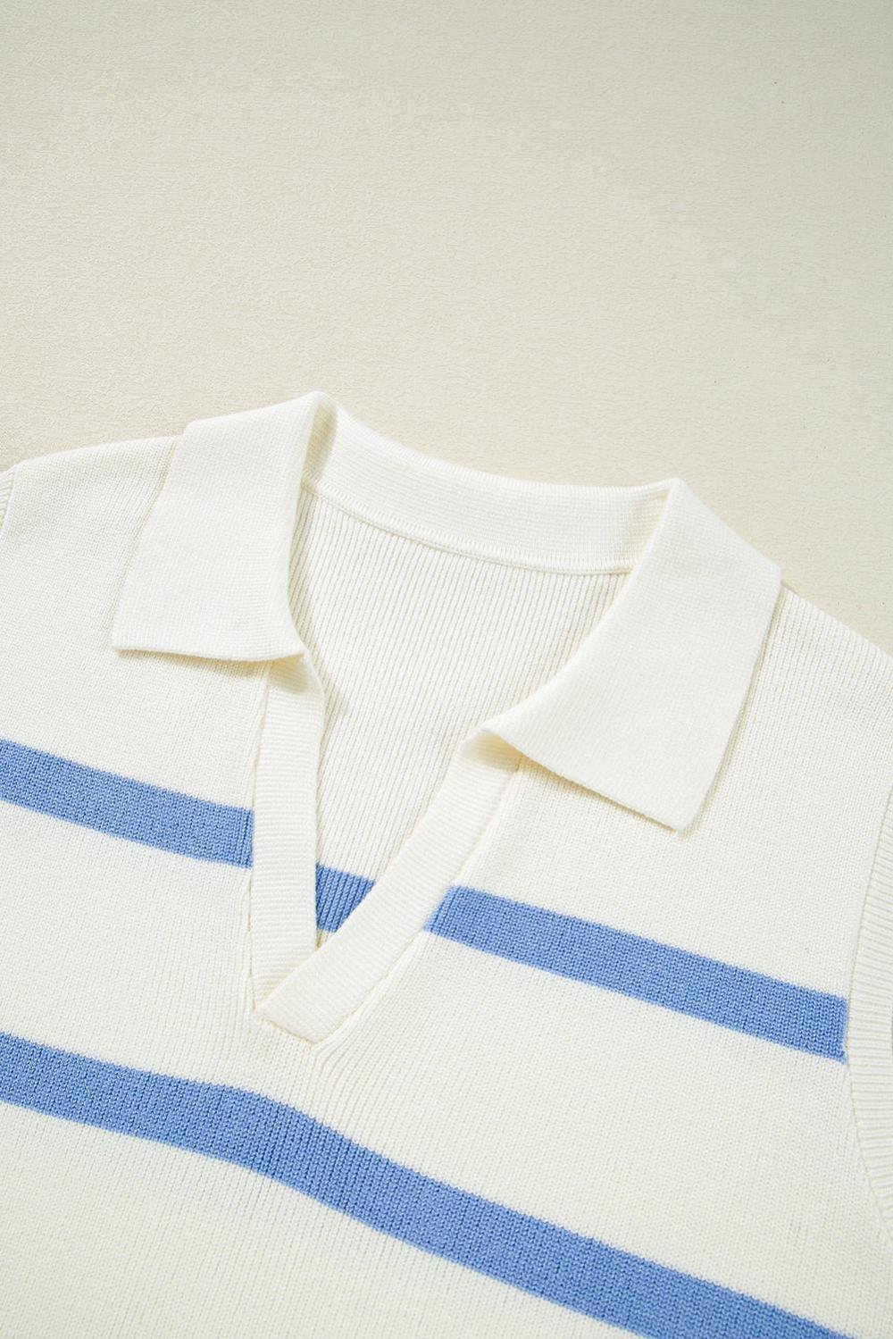 Knit Tops | Women Sky Blue Striped Split V Neck Collared Ribbed Knit Vest