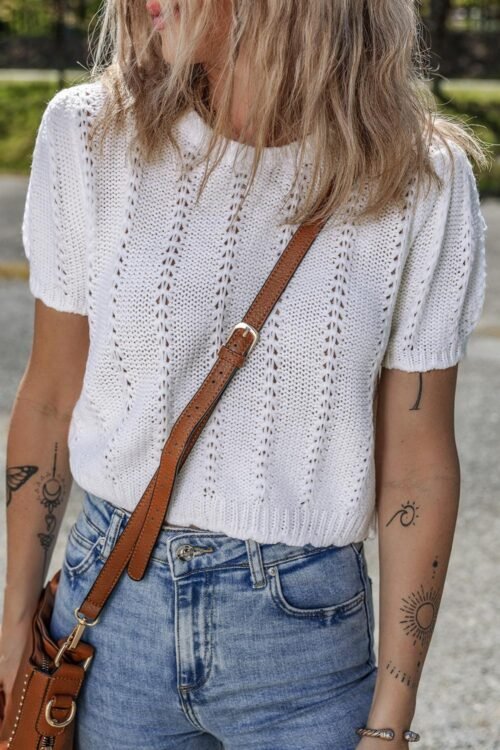 Knit Tops | Women White Pointelle Knit Short Puff Sleeve Crewneck Top