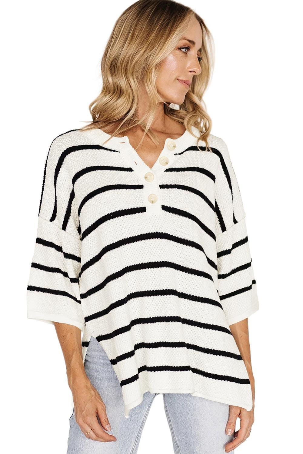 Knit Tops | Women White Stripe Drop Shoulder Bracelet Sleeve Henley Knit Tee