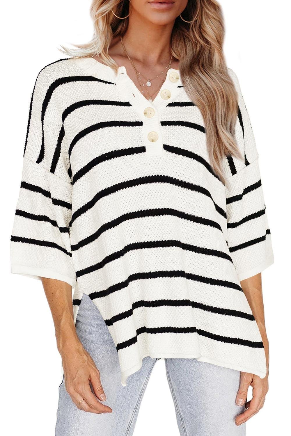 Knit Tops | Women White Stripe Drop Shoulder Bracelet Sleeve Henley Knit Tee