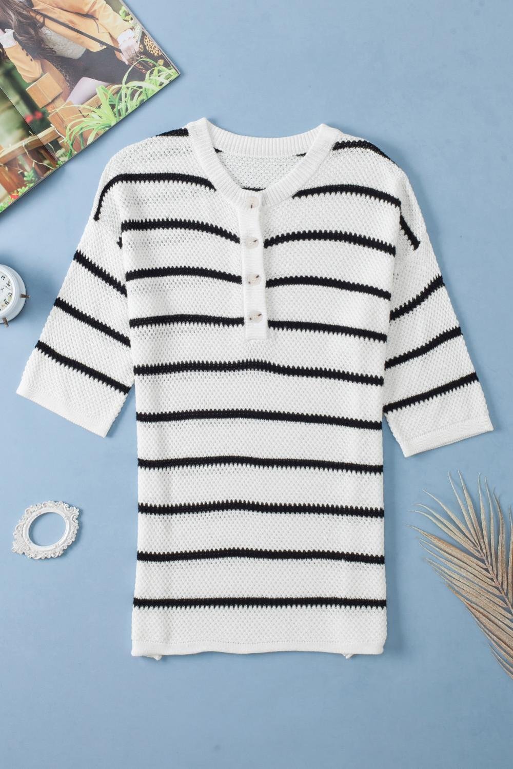 Knit Tops | Women White Stripe Drop Shoulder Bracelet Sleeve Henley Knit Tee